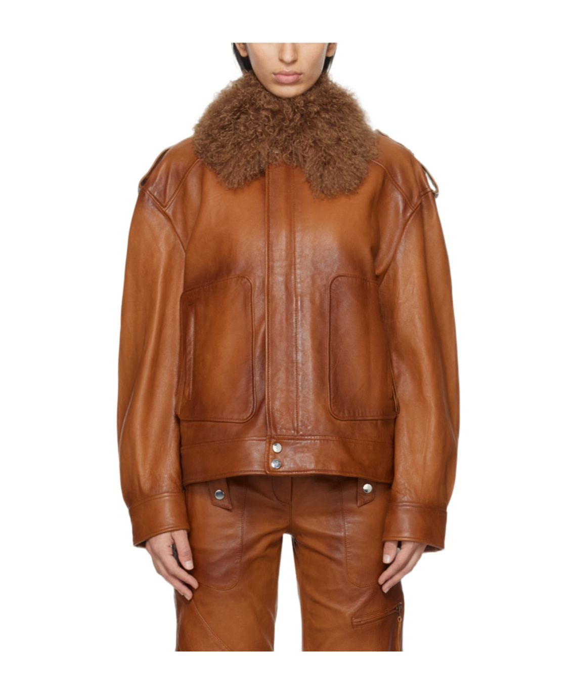Blumarine Detachable Collar Leather Jacket In Brown