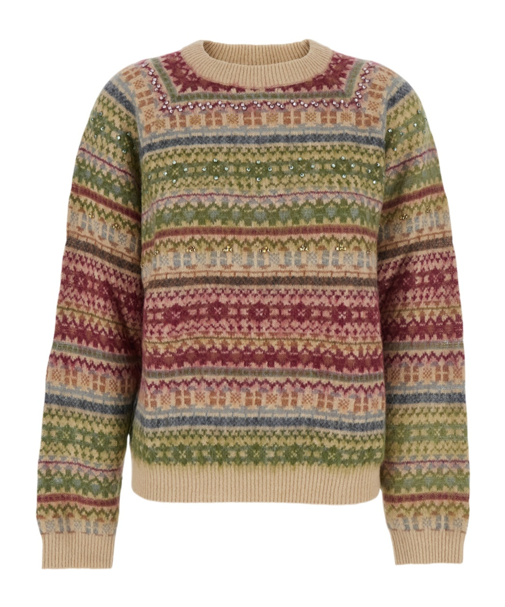 Semicouture Multicolor Knit Crewneck Sweater With Striped Motif In Wool Blend Woman In Multi