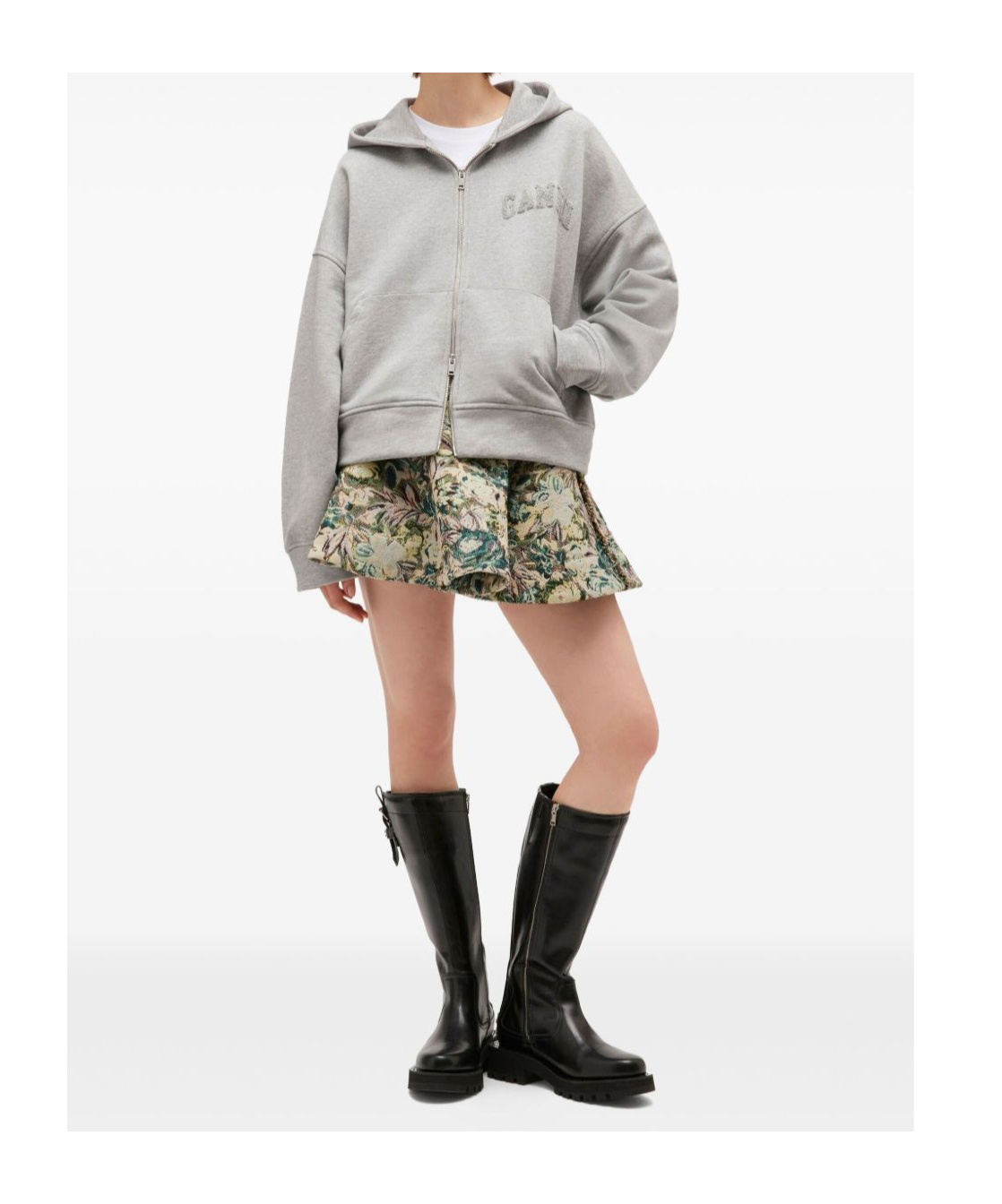 Ganni Cotton Zip-up Hoodie Featuring Pockets In Gray
