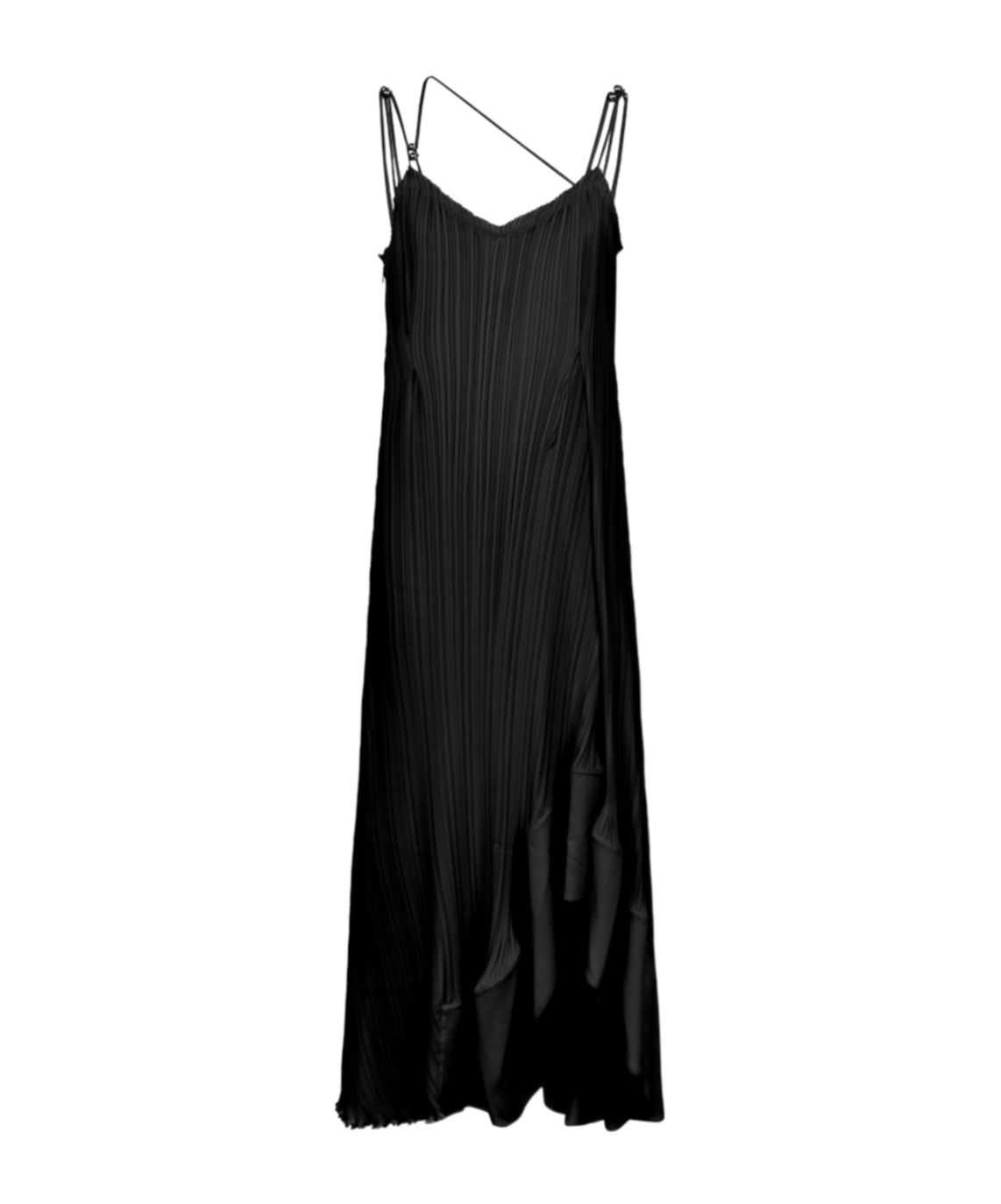 Lanvin Maxi Black One-shoulder Pleated Dress With Beads In Crêpe De Chine Woman In Black
