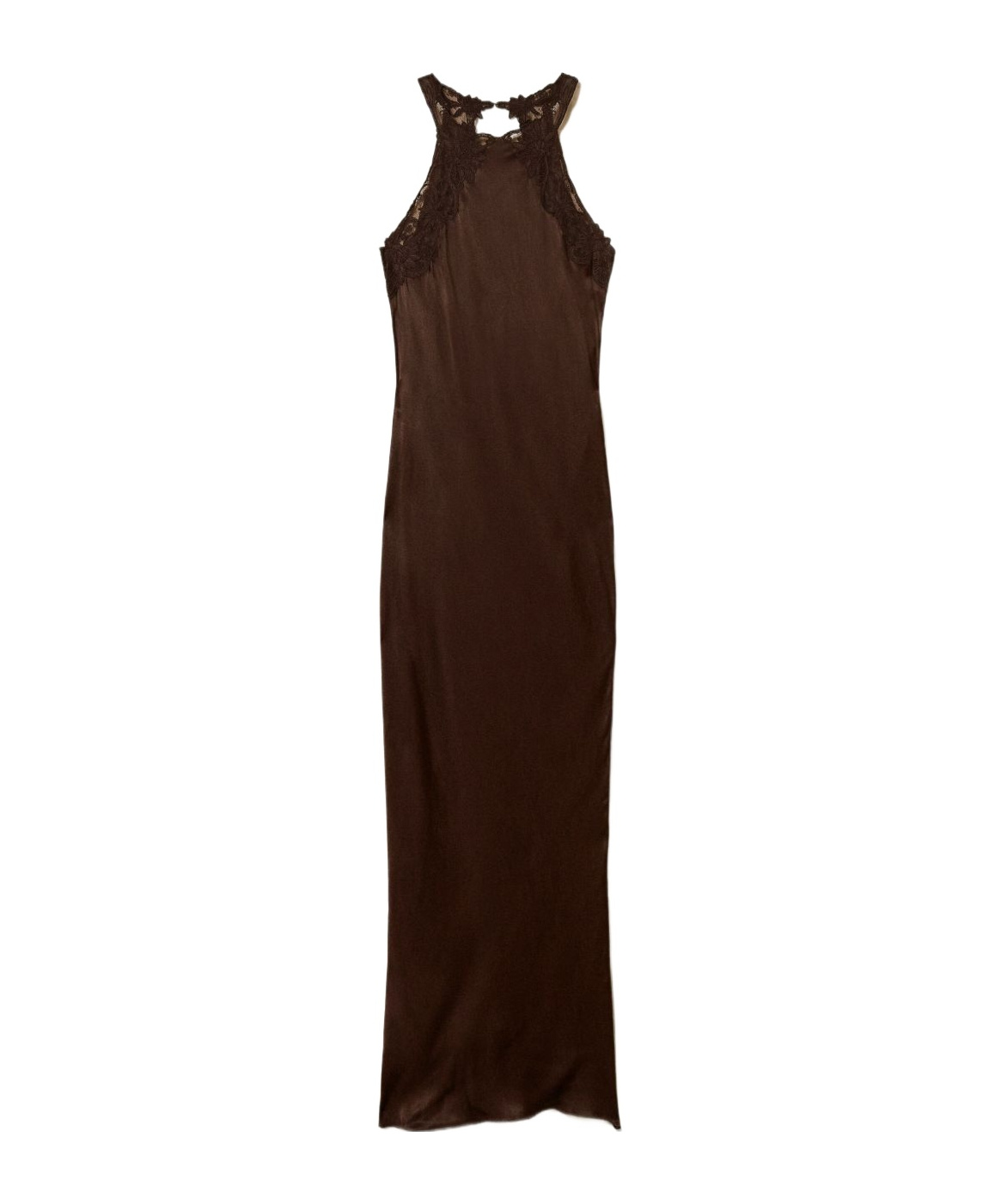 Twinset Brown Halterneck Long Dress With Lace Embellishment On The Rear In Viscose Woman In Brown