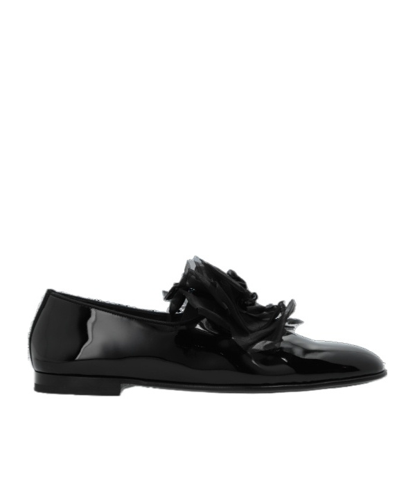 Dolce & Gabbana Floral Appliqué Leather Slippers In Black