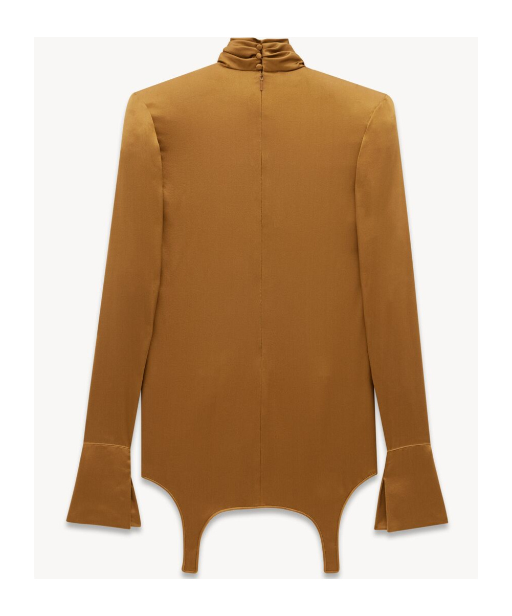 Saint Laurent Twisted Silk-satin Turtleneck Mini Dress In Brown