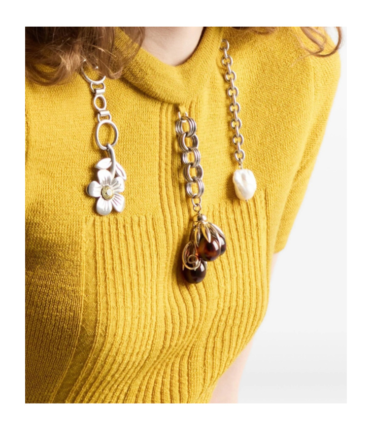 Prada Chain Embroidered Wool Knit Short-sleeve Sweater In Yellow