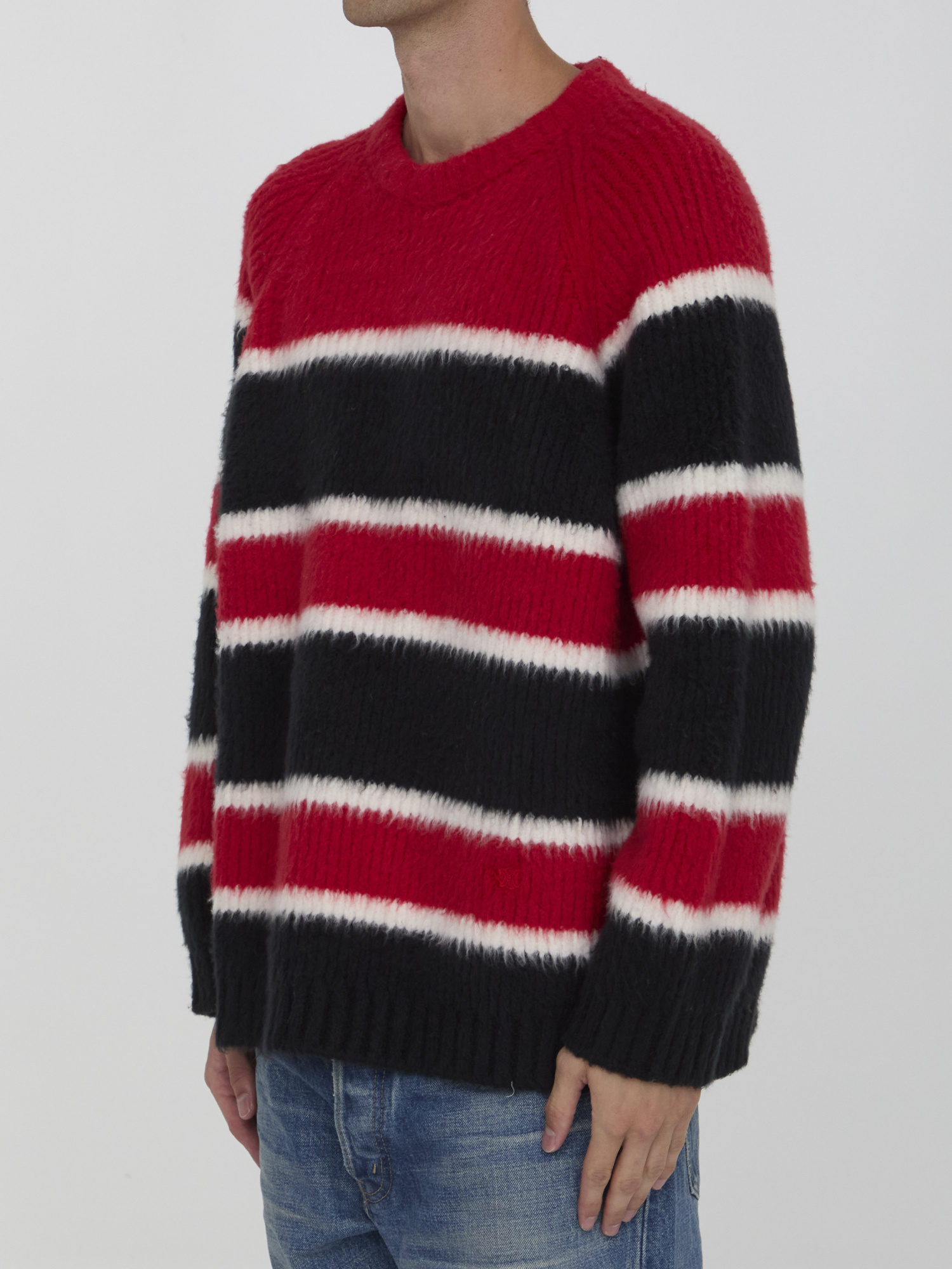 Celine Striped Cotton Blend Crew-neck Sweater In Red