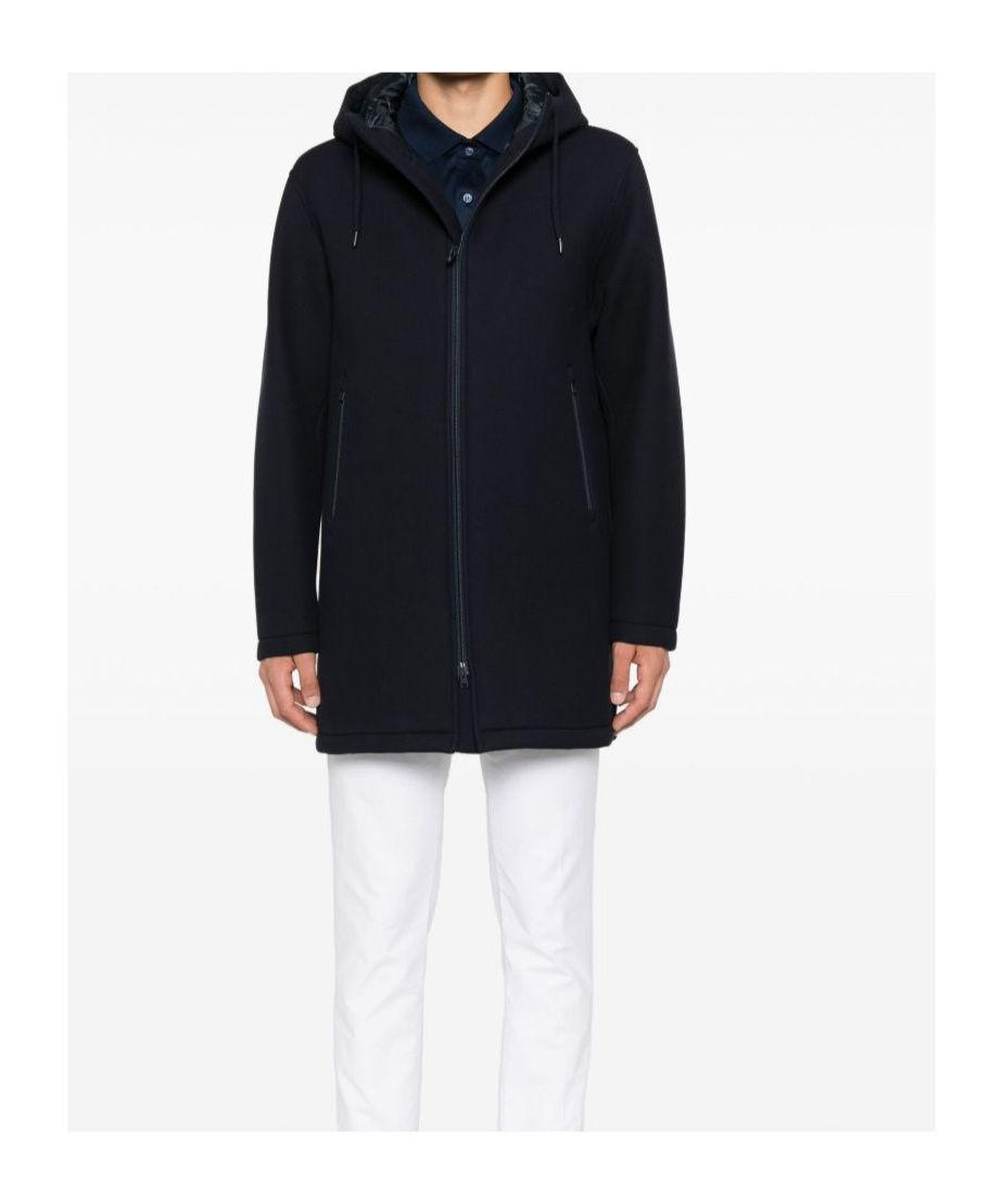 Herno Long Scuba Jacket With Hood And Side Zip Pockets In Blue