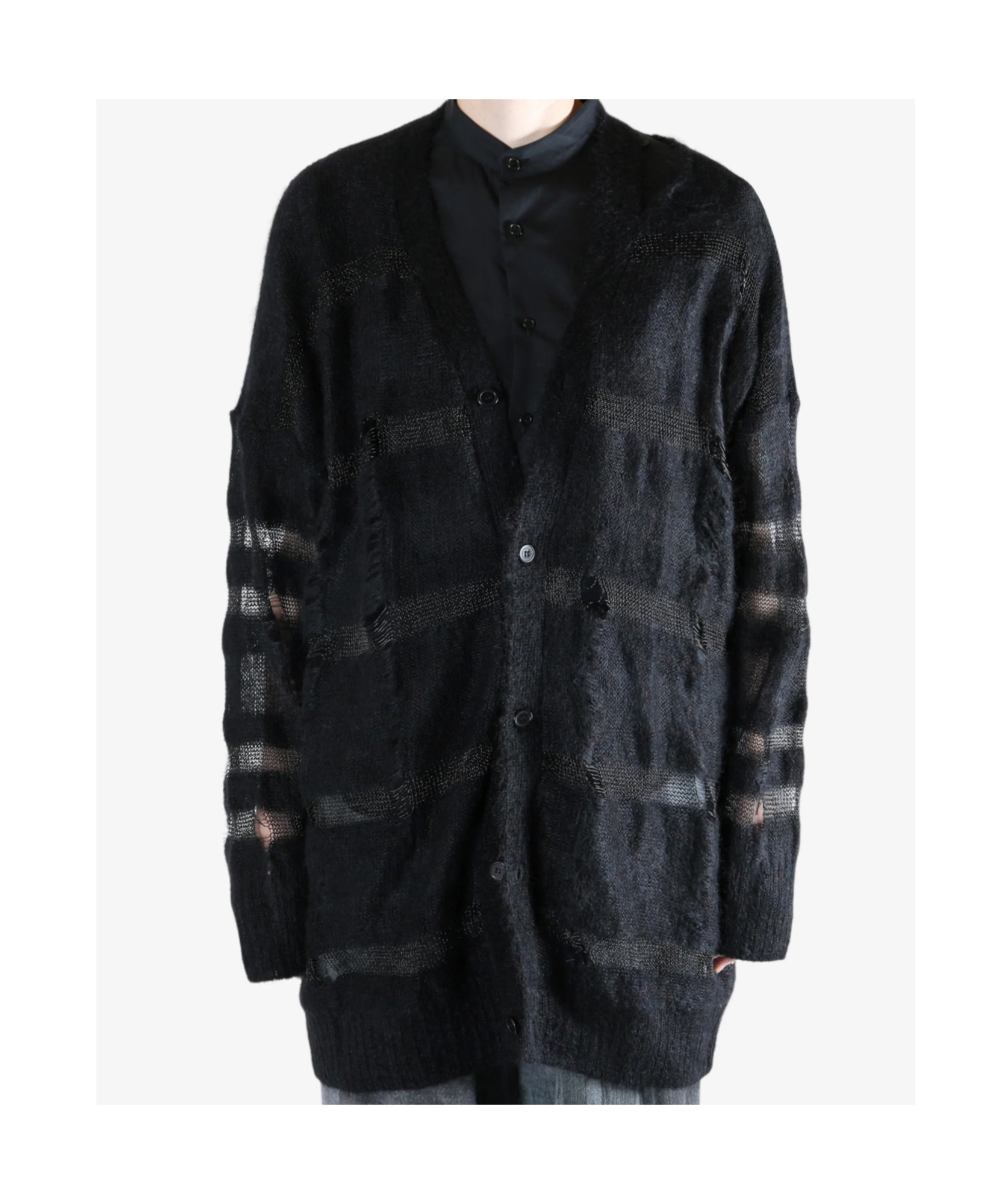 Yohji Yamamoto Striped Distressed Cardigan In Black