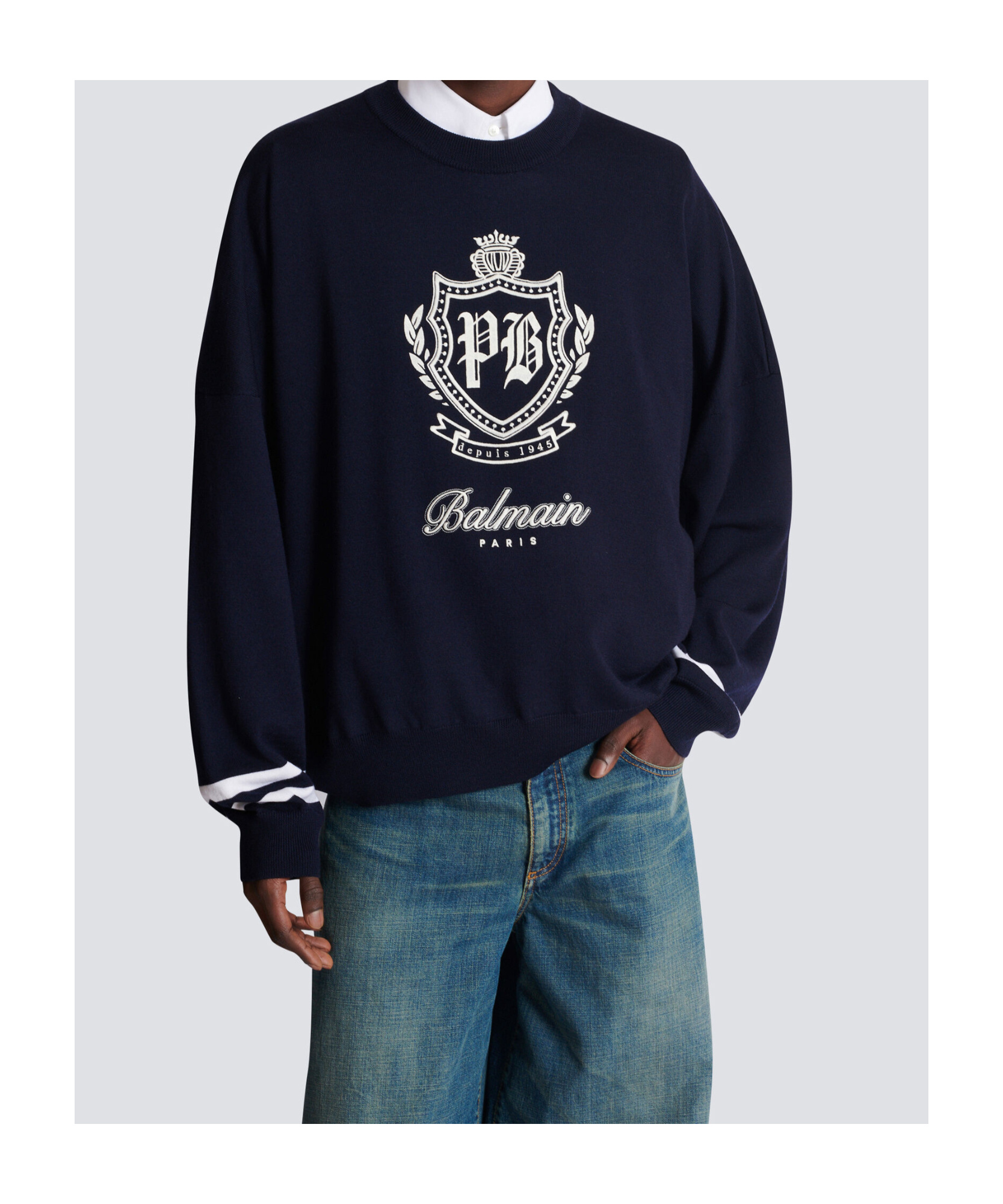 Balmain College Emblem Knit Jumper In Blue