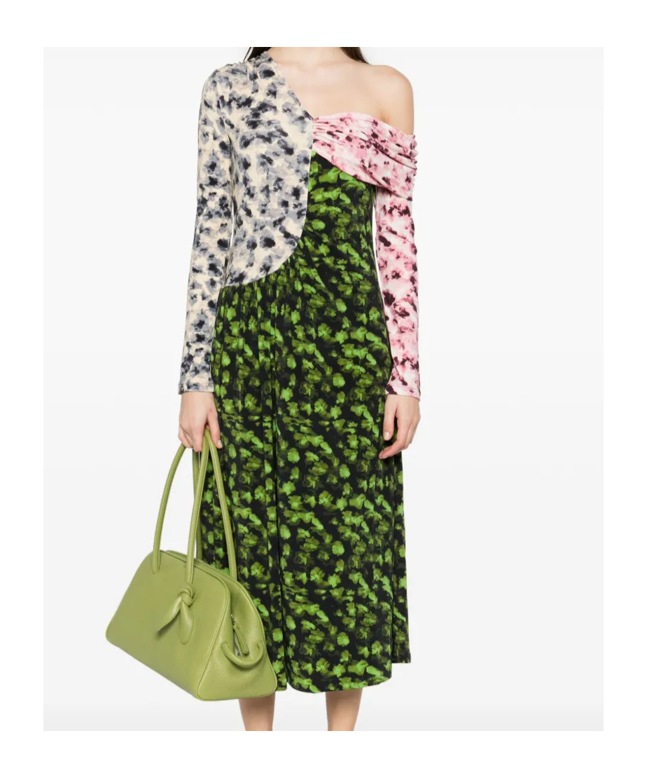 Stine Goya One-shoulder Long-sleeves Midi Dresss In Green