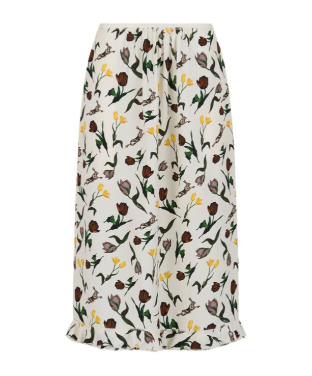 Marni Cream Envers Satin Midi Skirt With Tulips And Hares Print In Multi