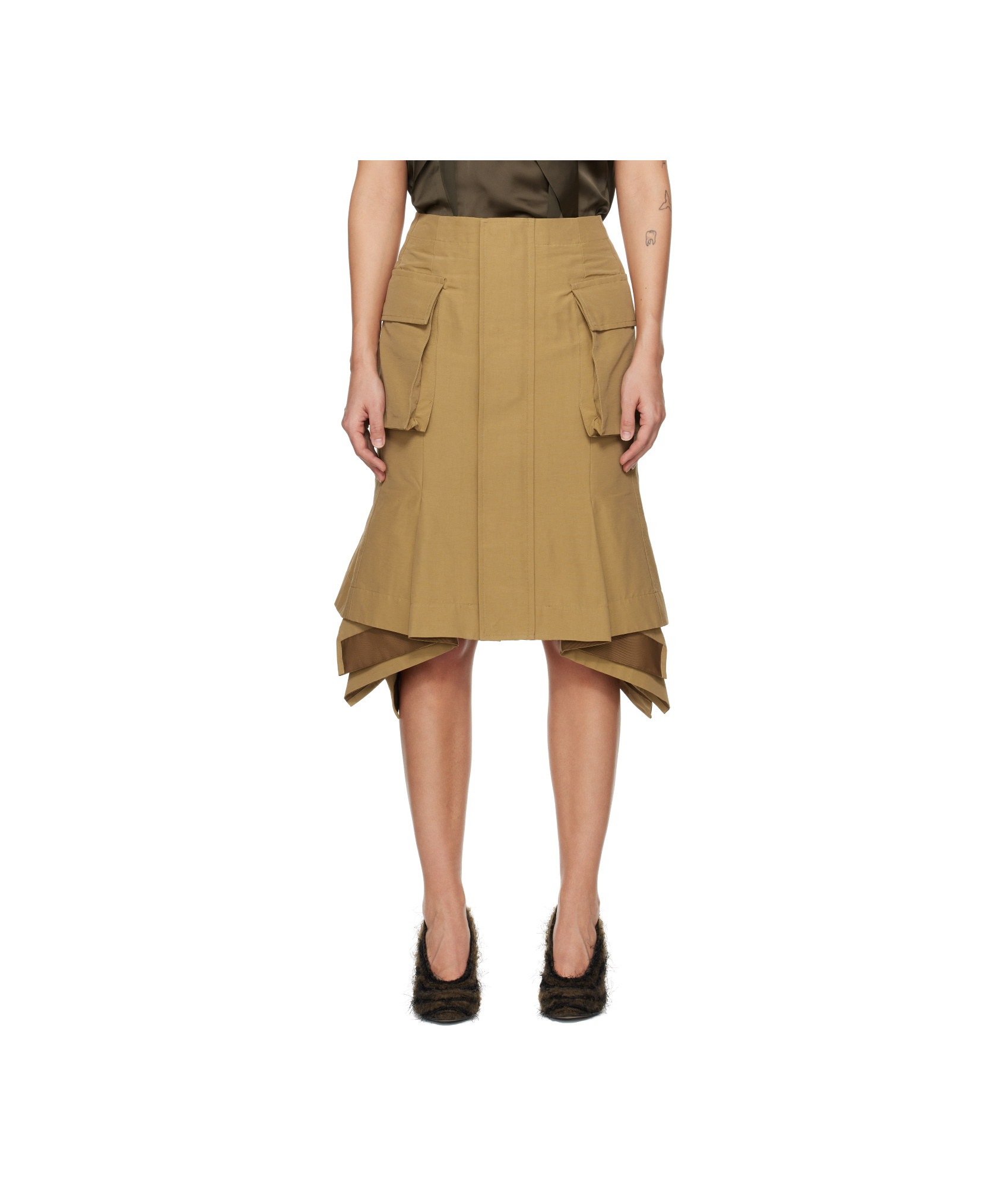 Sacai Beige Grosgrain Midi Skirt In Nude