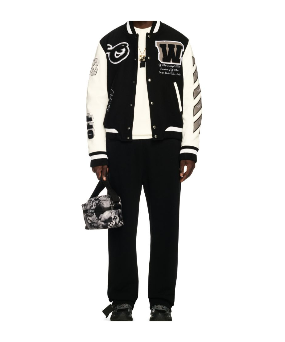 Off-white Leather And Wool Varsity Bomber In Black