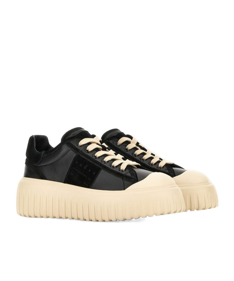 Hogan Leather And Suede Sneakers With Contrasting Sole In Black