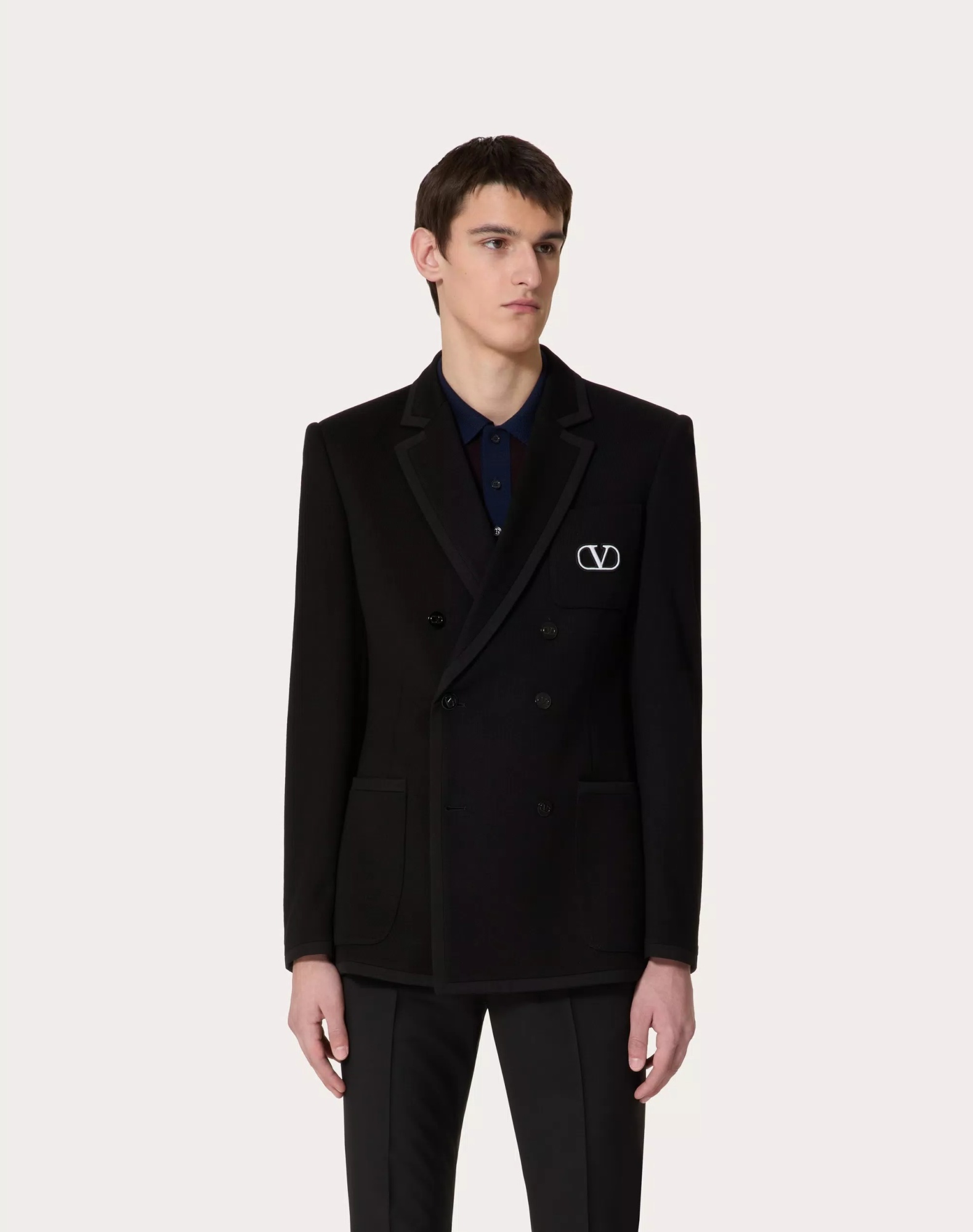 Valentino Double-breasted Cotton Jersey Jacket With Vlogo Signature Patch In Black