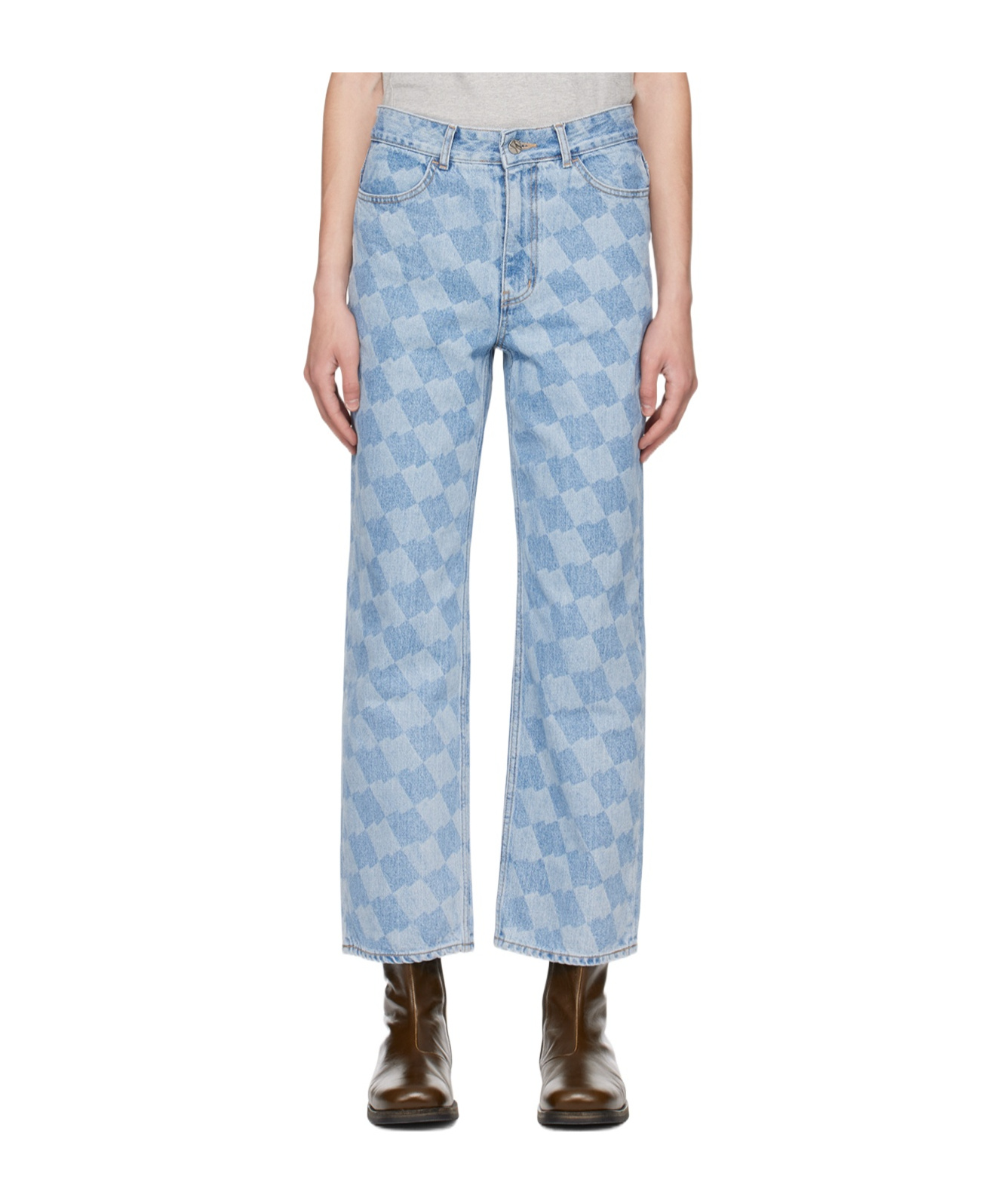 Ader Error Belt-ring Plaid Pattern Denim Pants In Blue