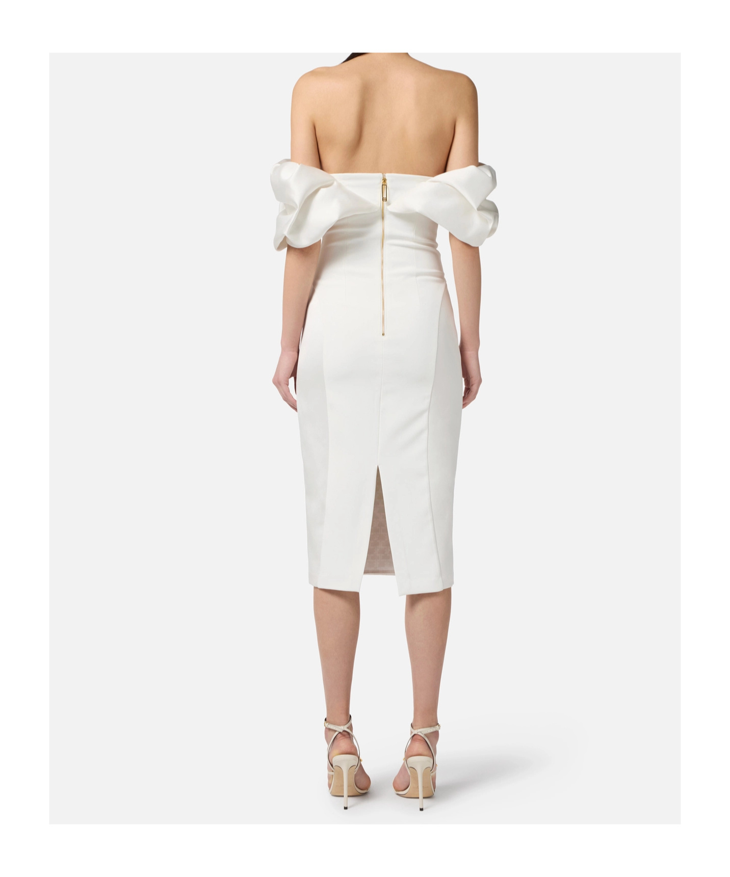 Elisabetta Franchi Dress In Duchess Satin With 3d Neckline In White