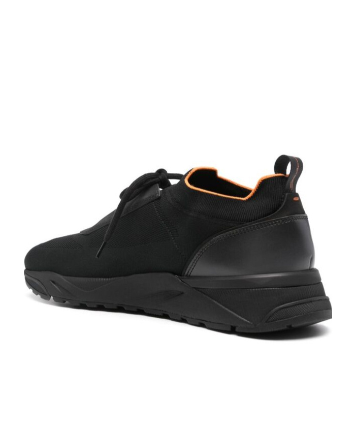 Santoni Lace-up Leather And Fabric Sneakers In Black