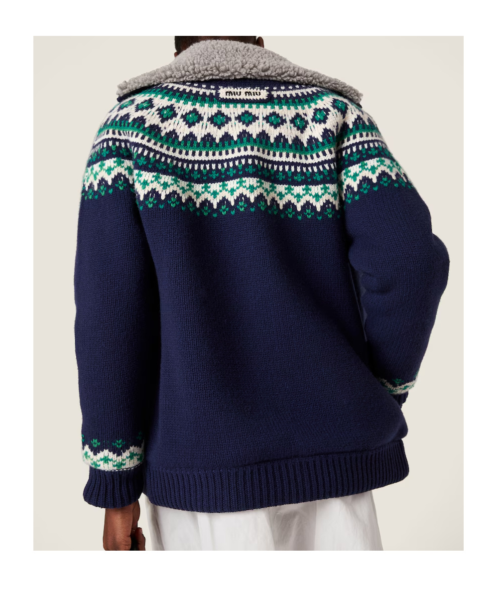 Miu Miu Wool And Fleece Cardigan With Zipper In Blue
