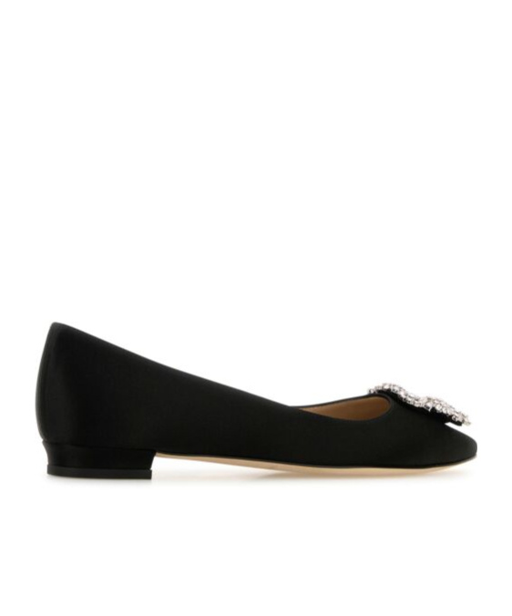 Manolo Blahnik Hangisi Fmc Crystal Buckle Satin Flats In Black
