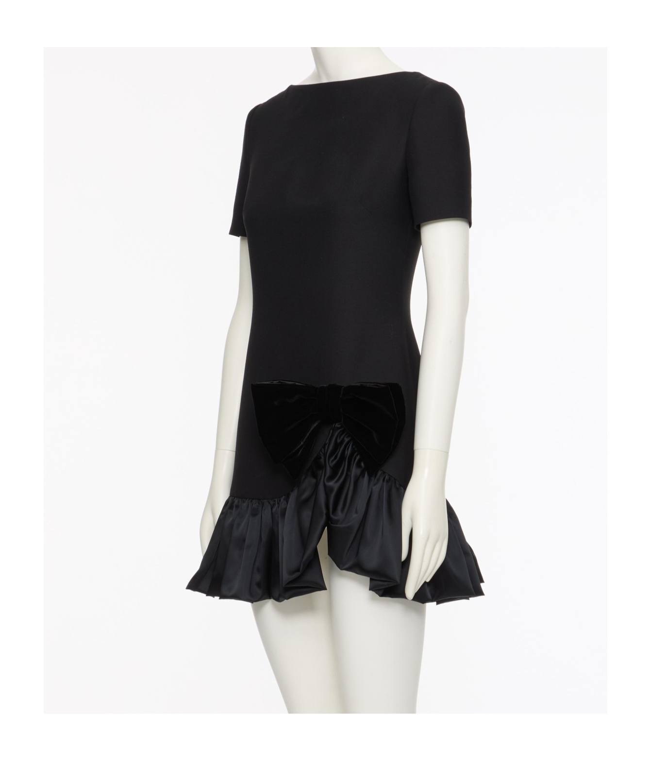 Valentino Velvet Bow Ruffle Short-sleeve Mini Dress In Black