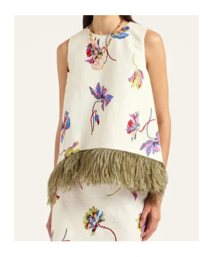 La Doublej Feather-trim Floral-print Top In White