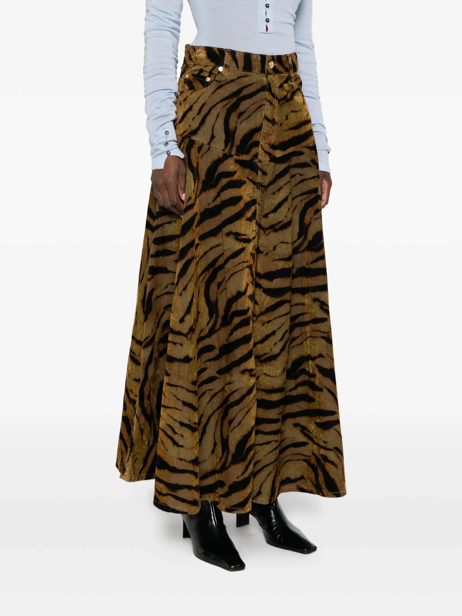 Ganni Tiger-print Denim Maxi Skirt In Brown