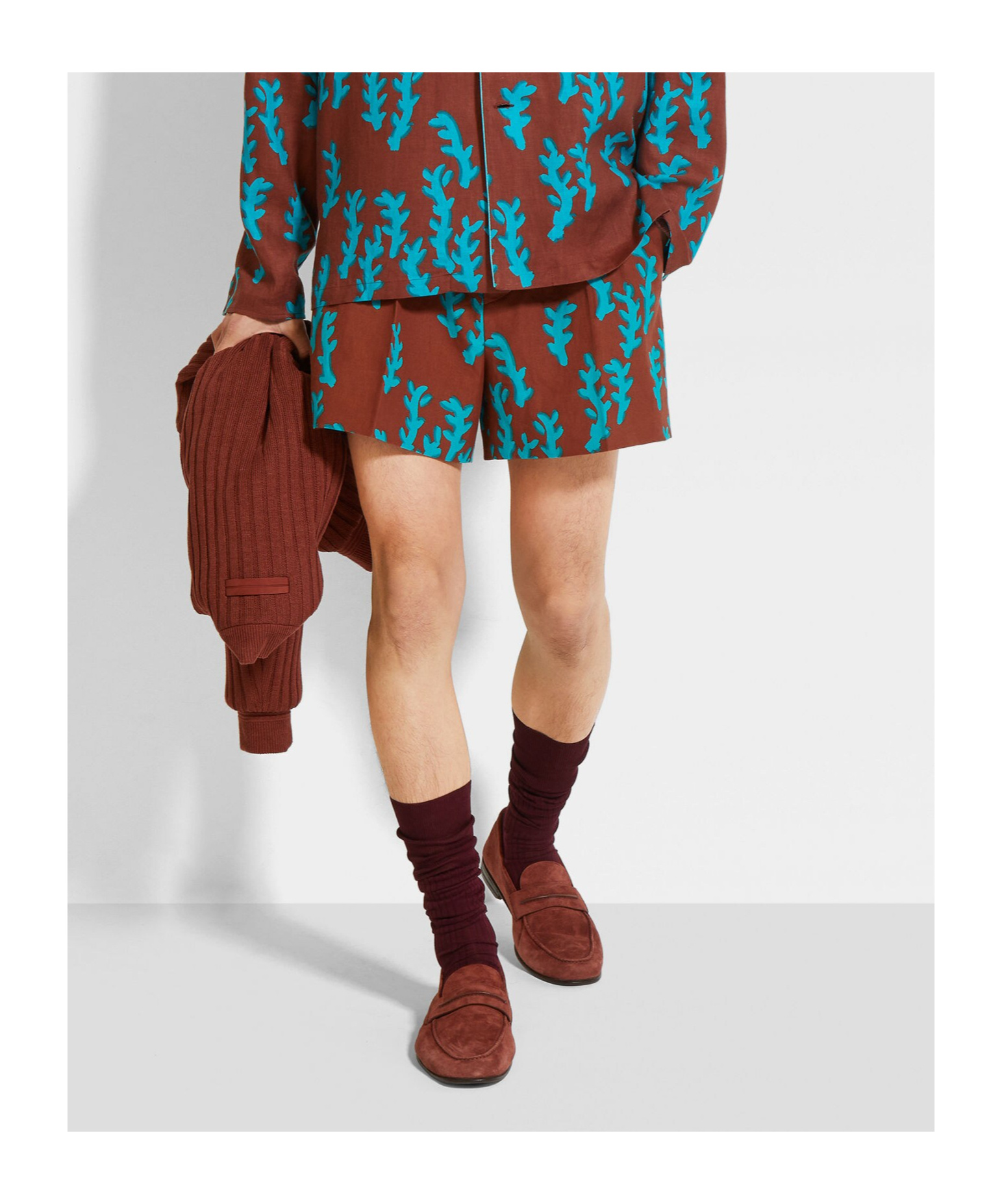 Zegna Brick Red And Bright Teal Blue Oasi Lino Shorts In Brown