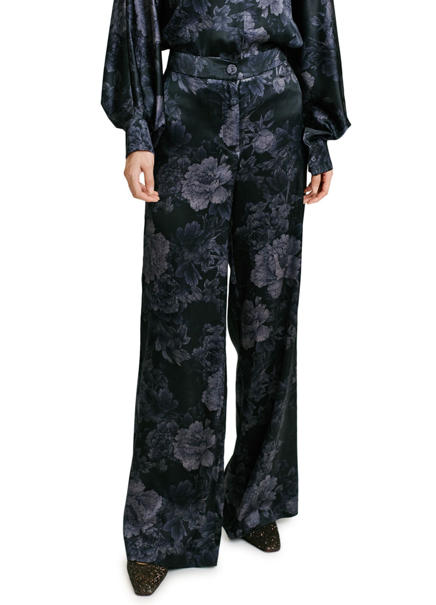 Momoní Misaki Pants In Printed Stretch Satin In Black