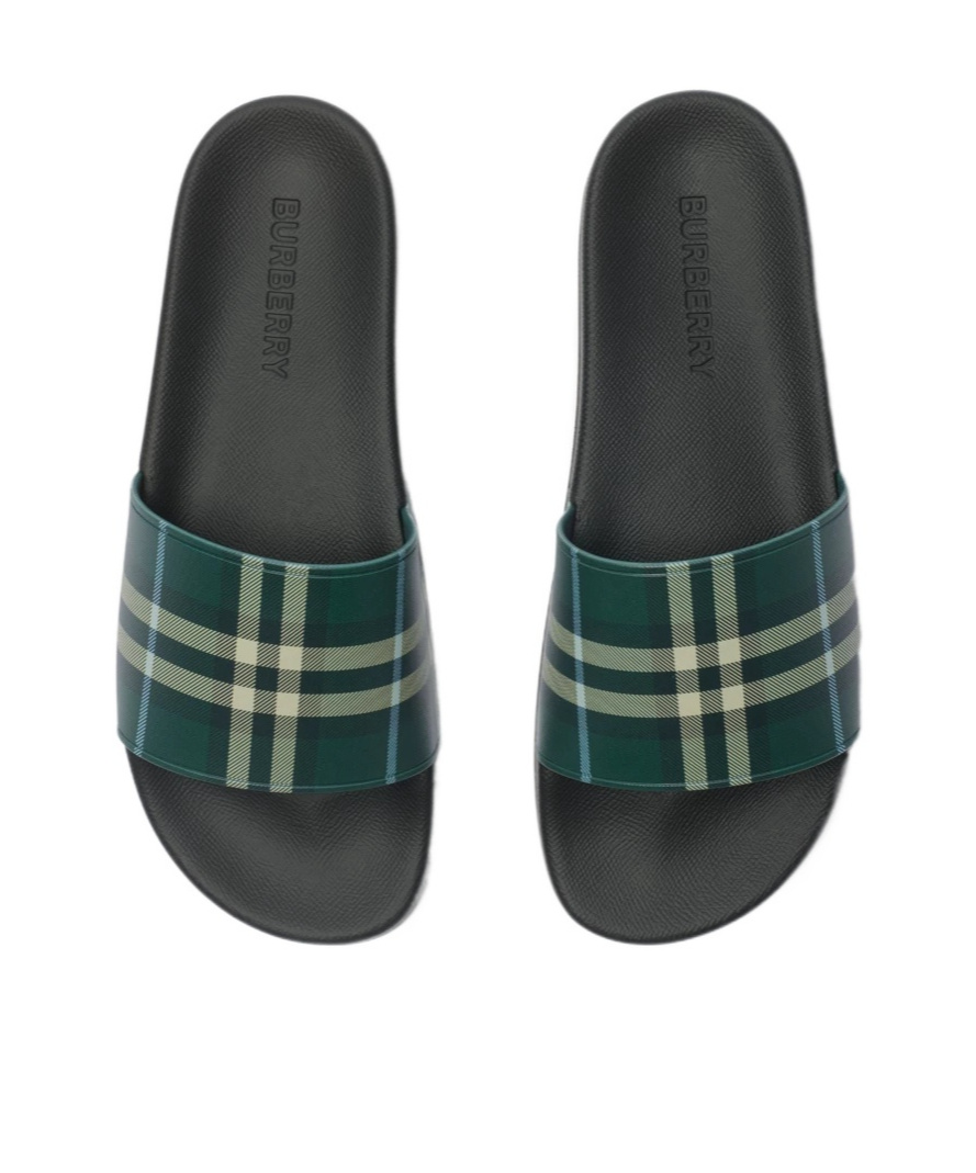 Burberry Green Check Pool Slides In Leaf