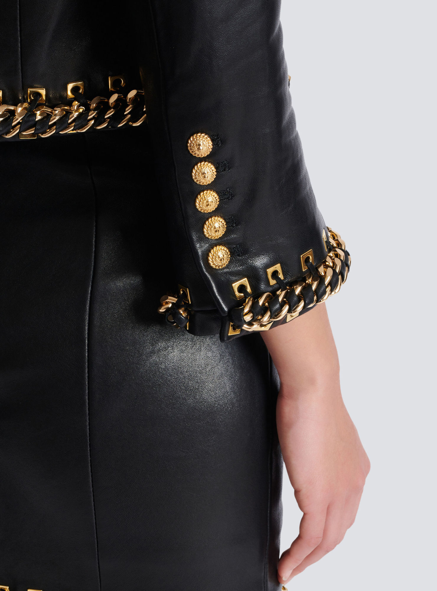 Balmain Lambskin Edge-to-edge Jacket With Chain Trim In Black