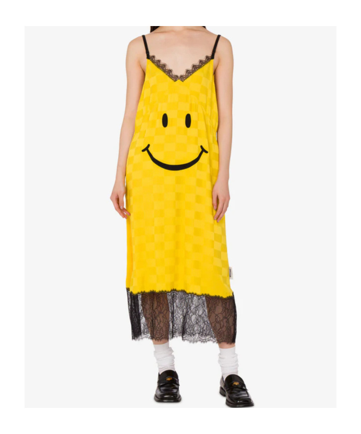 Moschino Smiley Graphic Lace-trimmed Midi Dress In Yellow