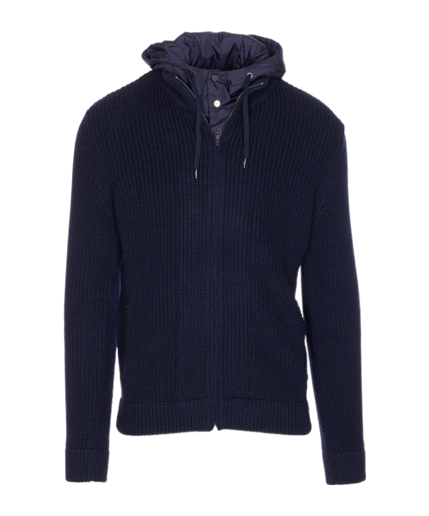 Herno Hooded Cardigan With Removable Detail And Pockets In Blue
