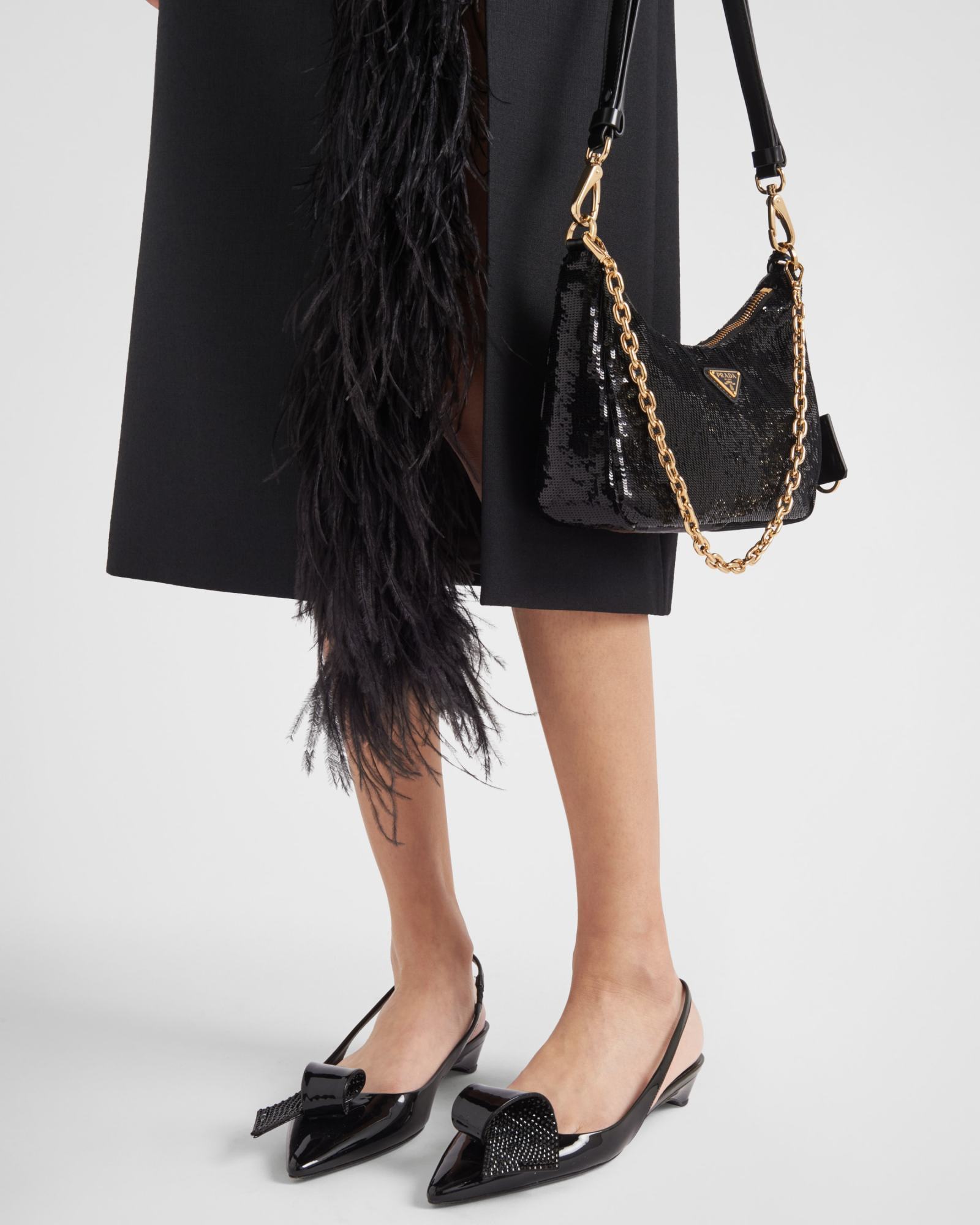 Prada Feather-trimmed Wool Midi-skirt In Black