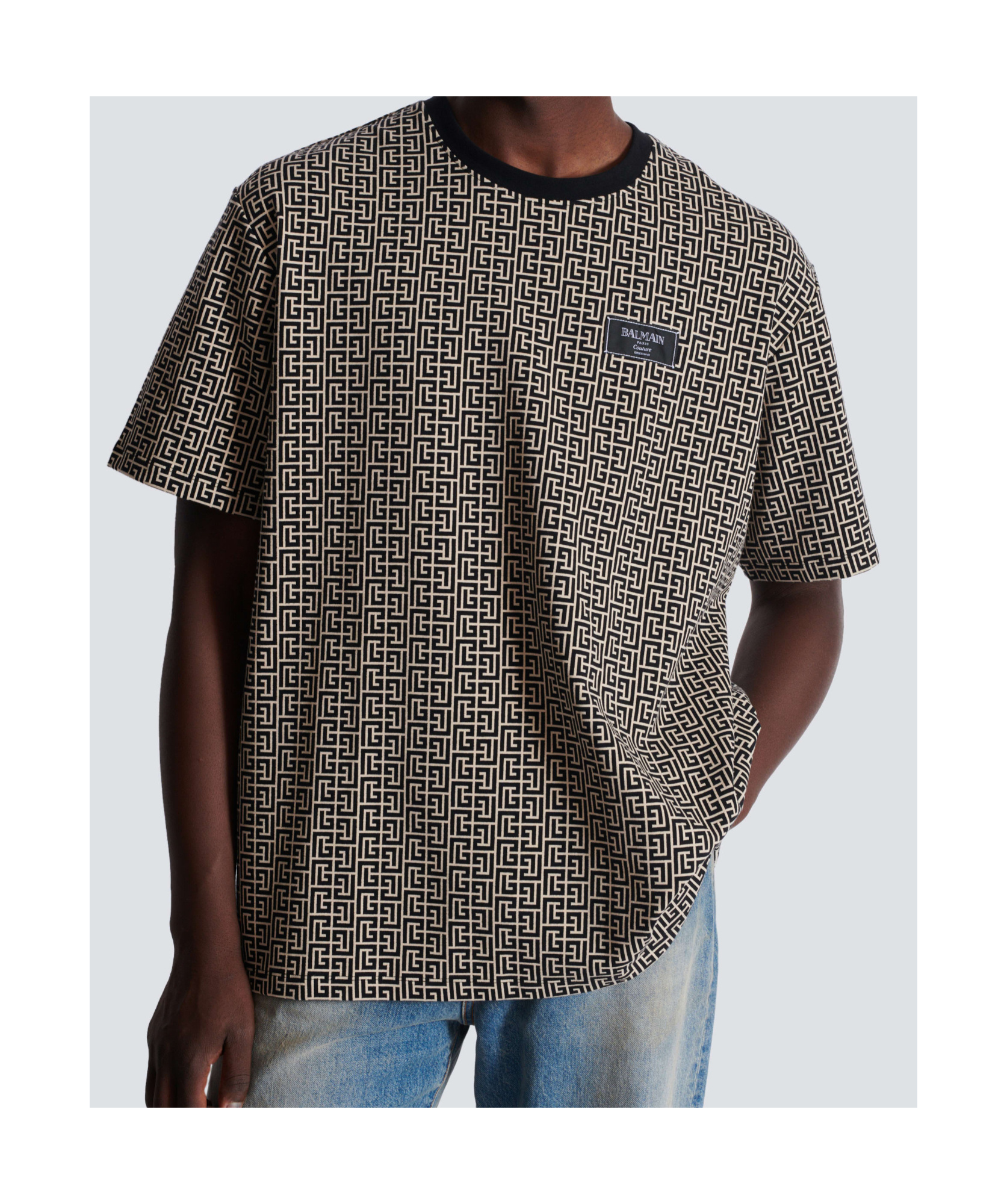 Balmain Grey T-shirt With Logo Applied On The Chest And All-over Labyrinth Motif In Cotton Man In Black