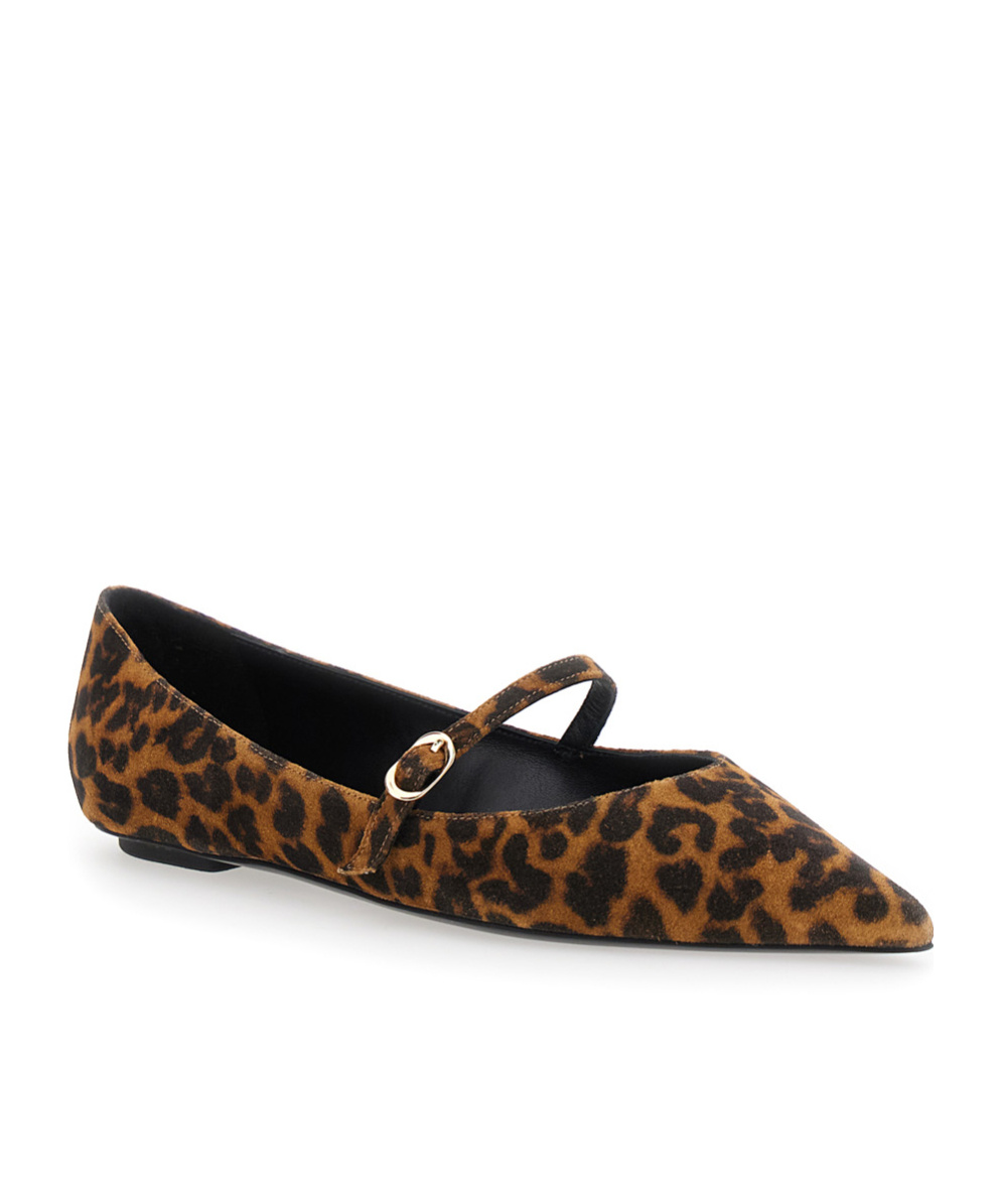 Stuart Weitzman Emilia Brown Ballet Shoes With Adjustable Strap Closure And All-over Leopard Motif In Suede Woman