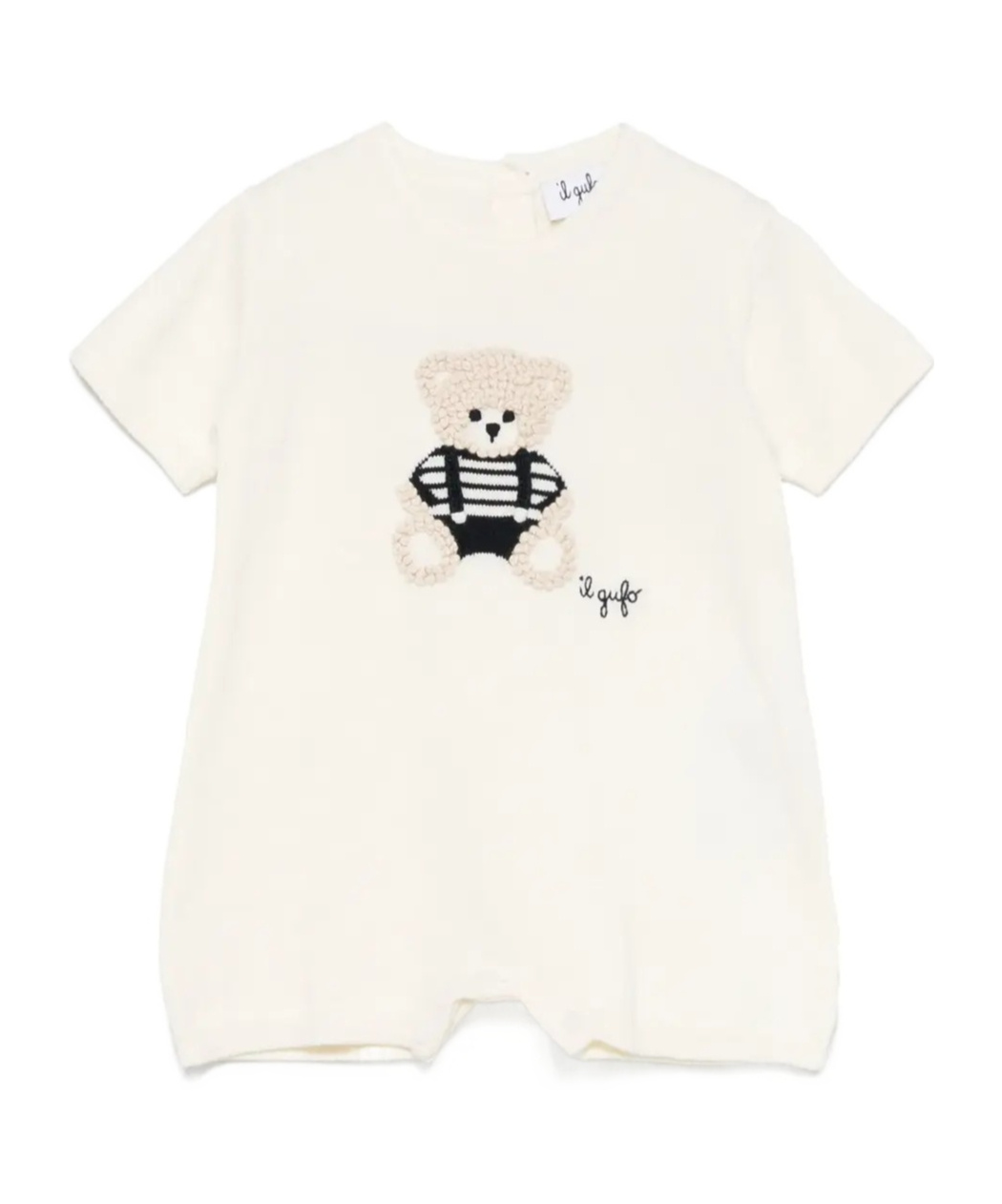 Il Gufo Bear Embroidered Crewneck Romper In White