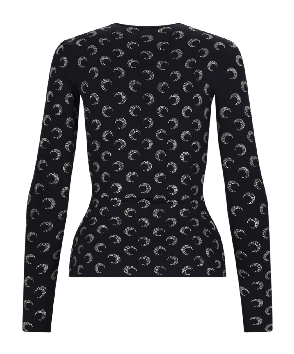 Marine Serre Black Recycled Moon Strass Jersey Second Skin Crewneck T-shirt In Black