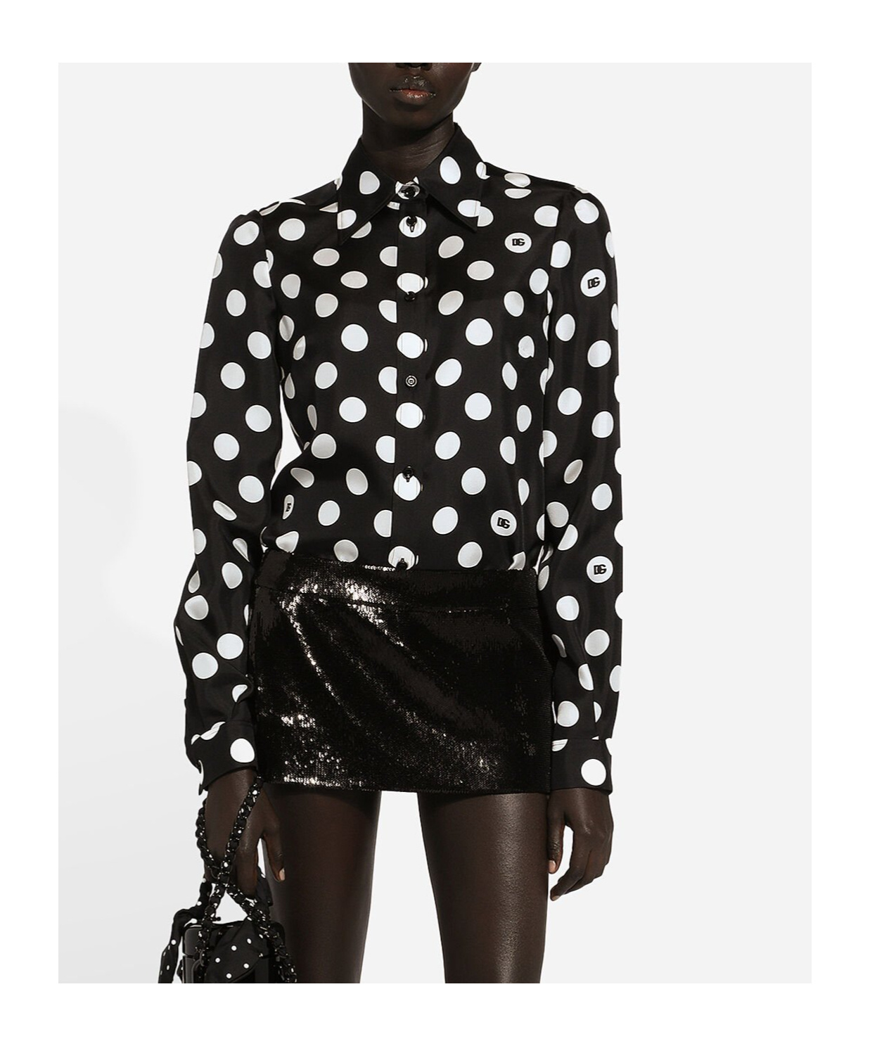 Dolce & Gabbana Polka Dot Pointed Collar Long Sleeve Shirt In Black