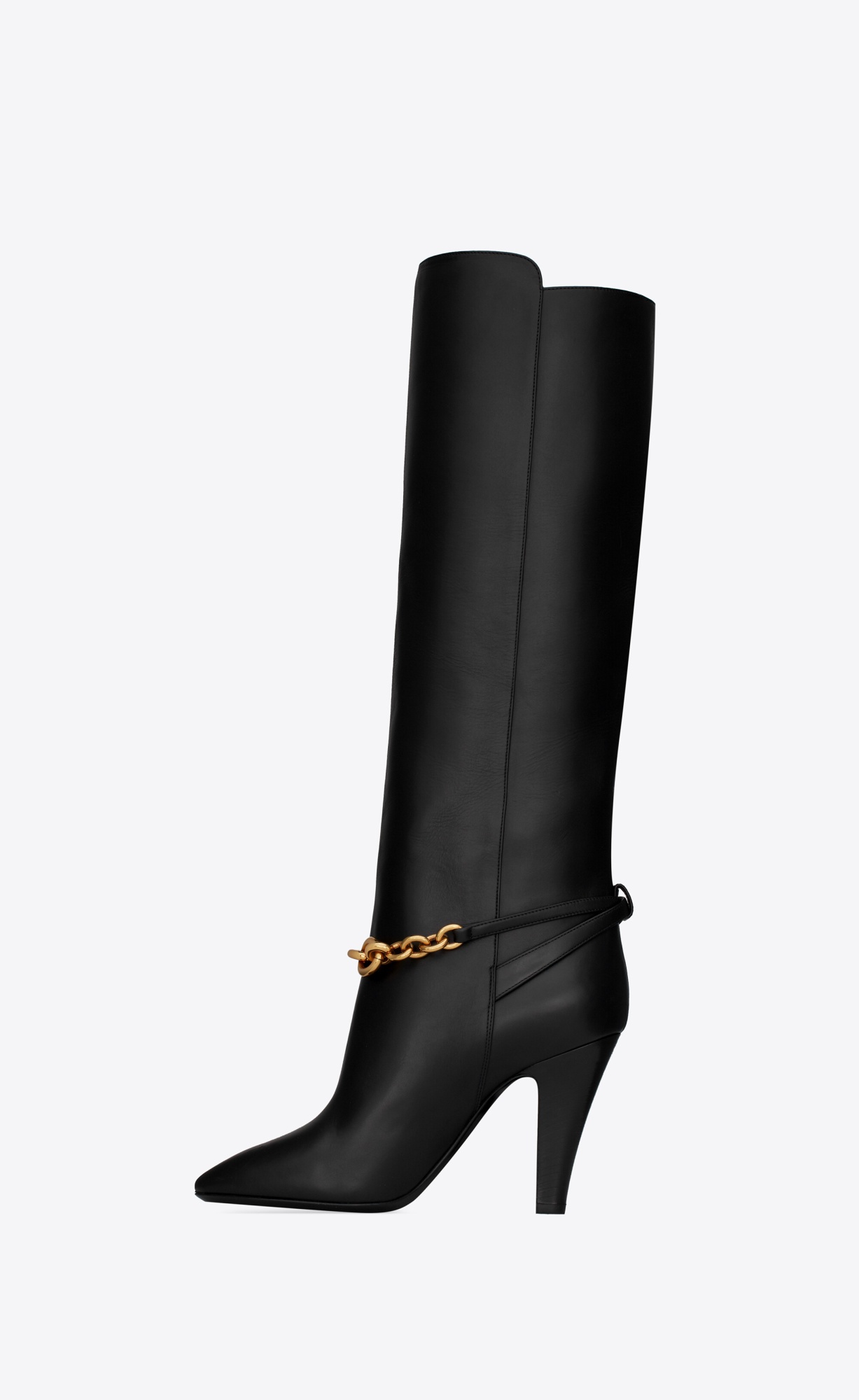 Saint Laurent Leather Boots With Gold Tone Chain Detail In Black