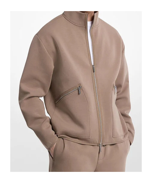 Michael Kors Double Breasted Zip Mock Collar Jacket In Brown