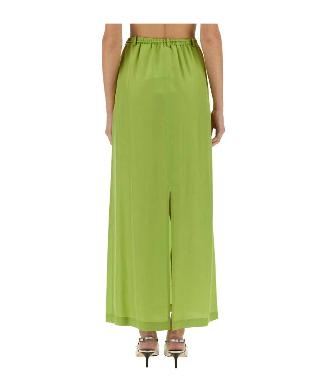 Alysi Silk Ankle Skirt Drawstring Waist Slit In Green