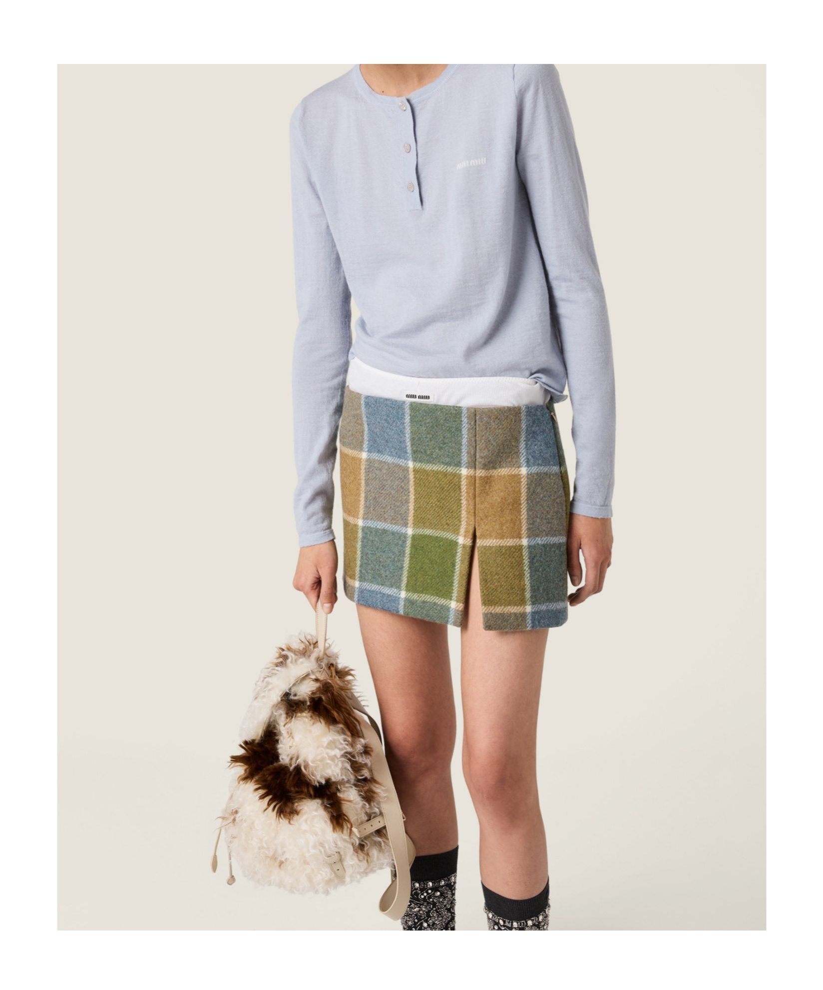 Miu Miu Three-button Logo-detail Long-sleeved T-shirt In Blue