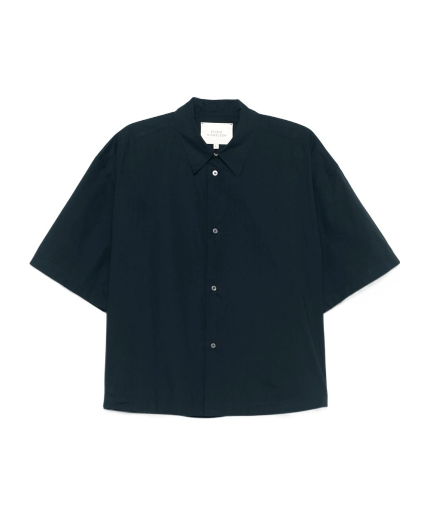 Studio Nicholson Relaxed Fit Navy Blue Short Sleeve Shirt In Black