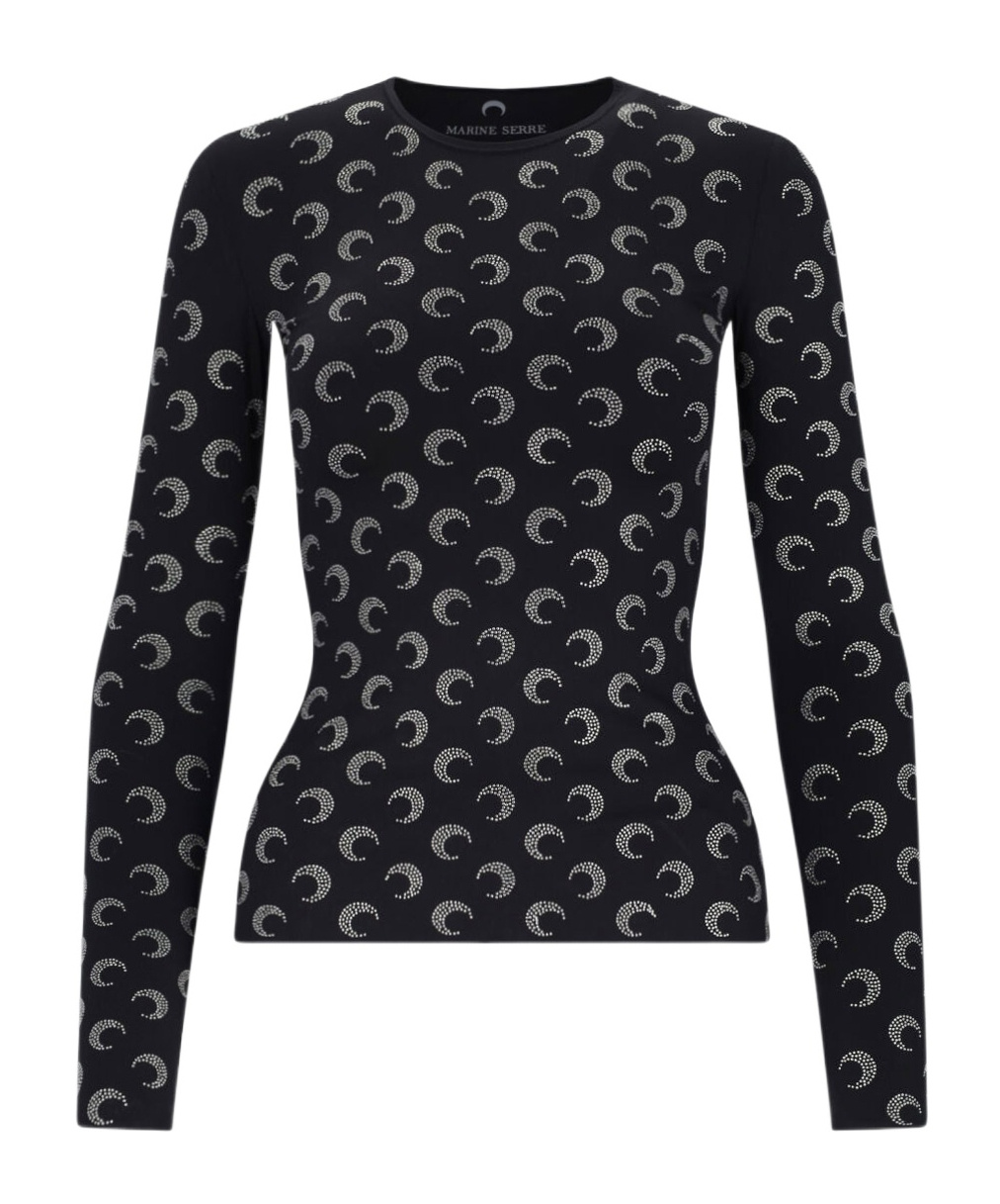 Marine Serre Black Recycled Moon Strass Jersey Second Skin Crewneck T-shirt In Black