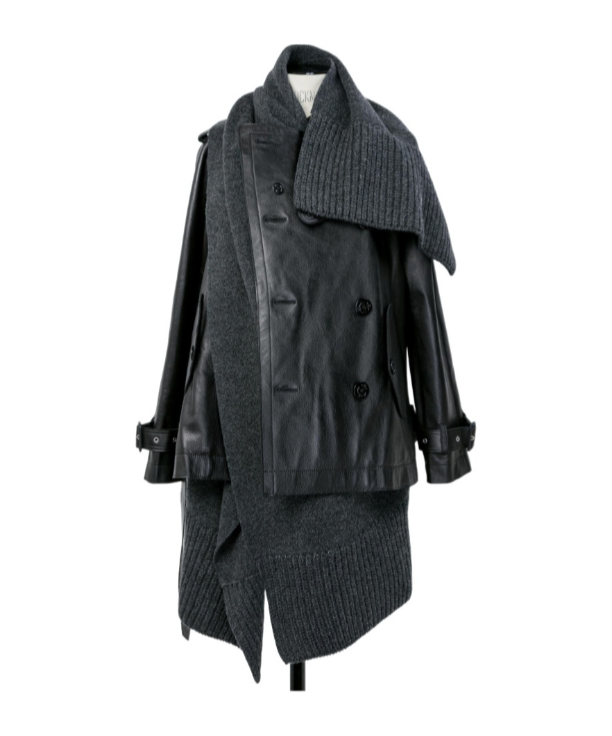 Sacai Leather X Wool Knit Jacket In Gray