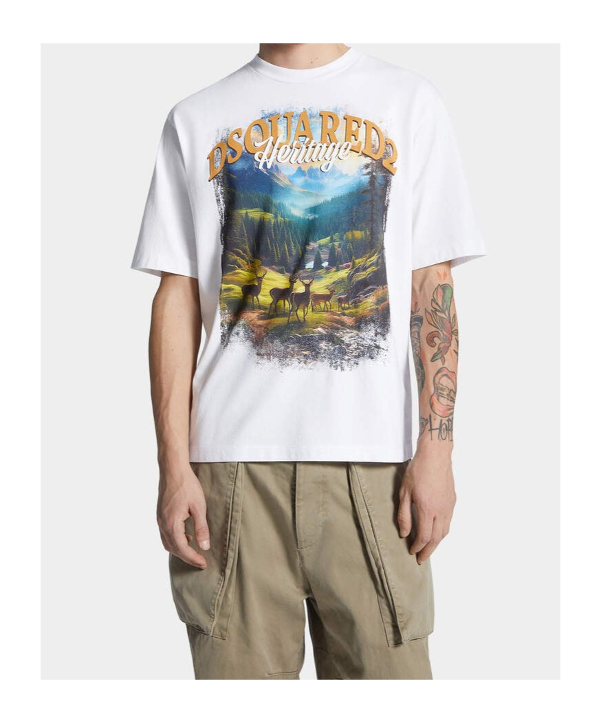 Dsquared2 Crew Neck Cotton T-shirt With Graphic Print In White