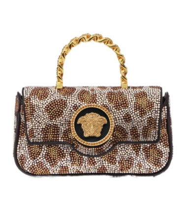 Versace La Medusa Crystal-leopard Mini Bag In Brown