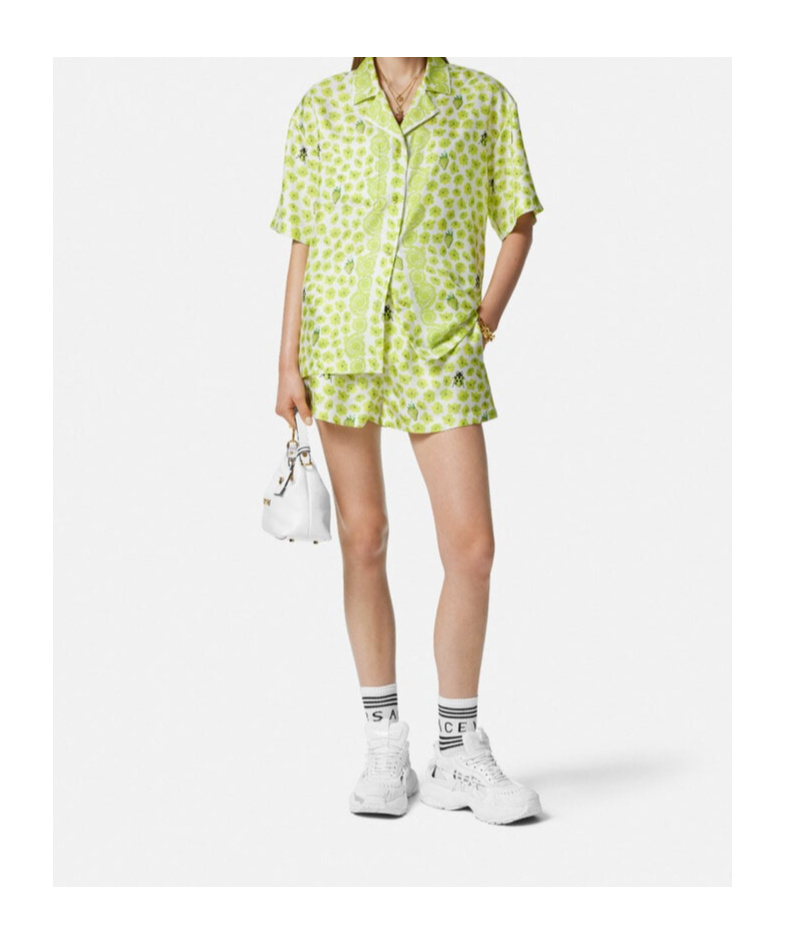 Versace Silk Twill Shorts With Strawberry Garden Print In Green
