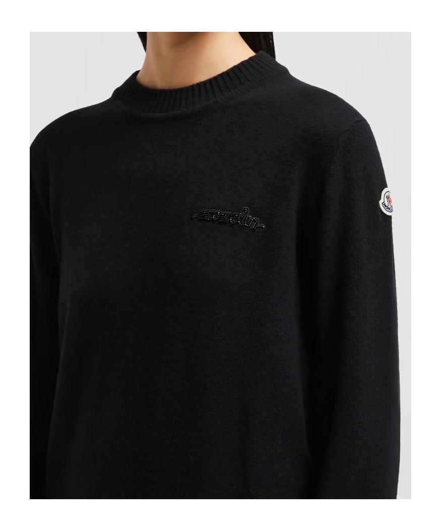 Moncler Beaded Logo Cashmere Wool Sweater In Black
