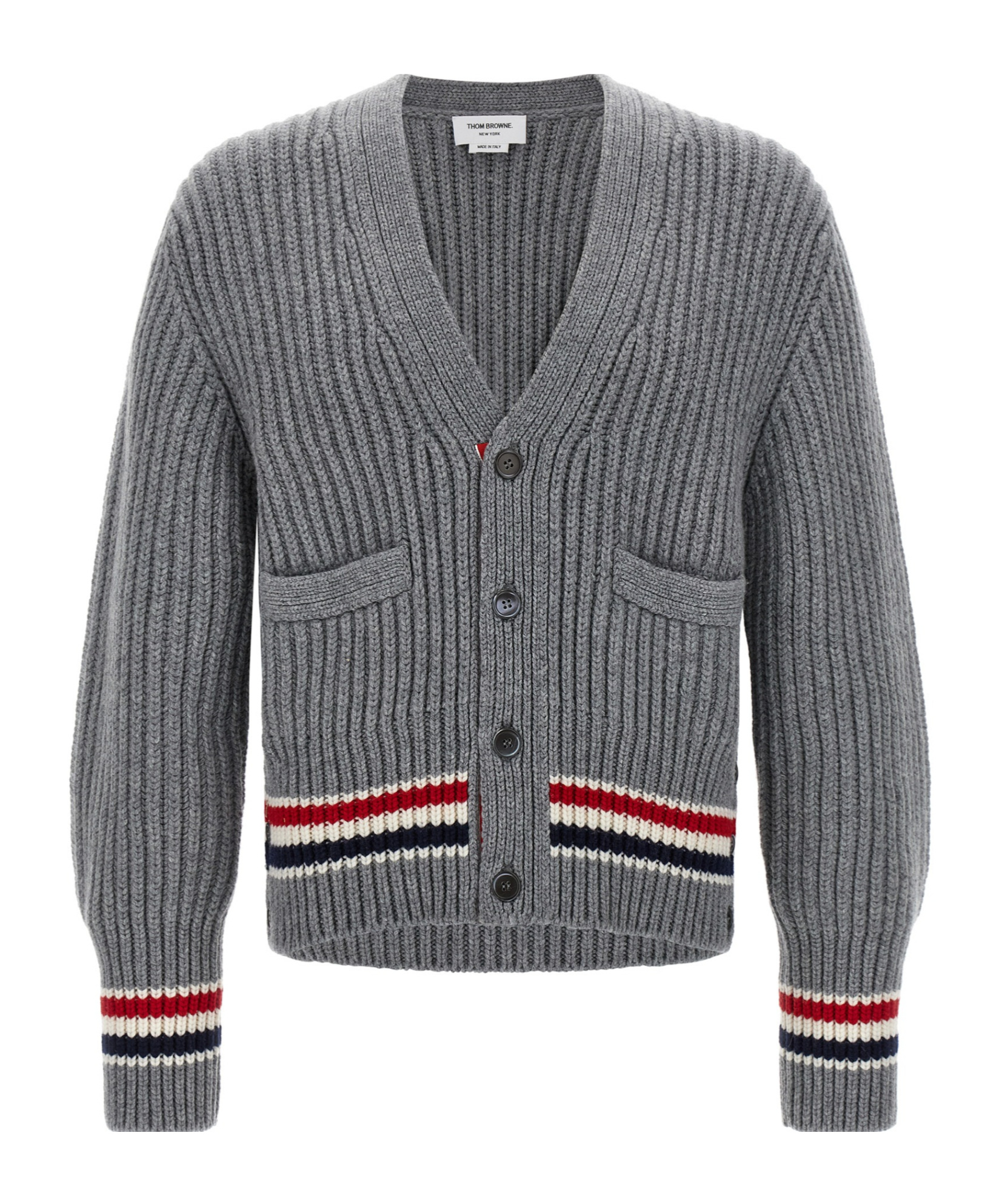 Thom Browne Striped V-neck Cardigan Front Pockets In Gray
